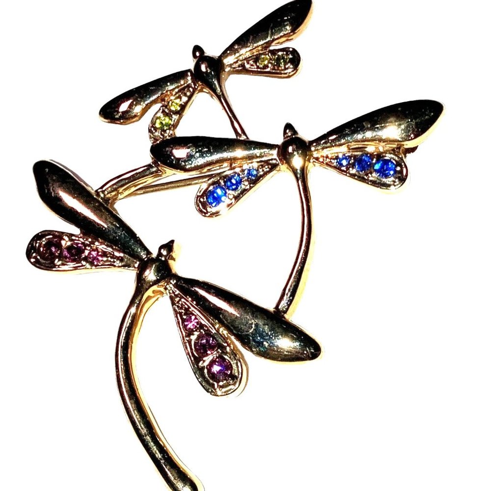 Gold Tone Dragonflies Pin Brooch with Purple Blue And Yellow/green Rhinestones